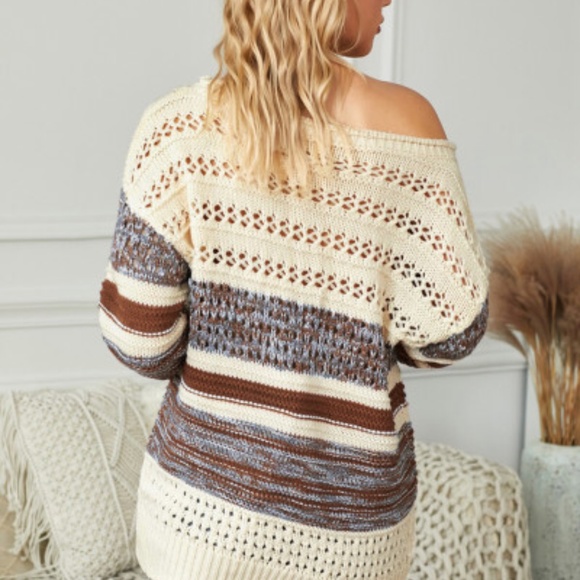 3xHP💝Brown loose Openwork Round neck sweater si… - Picture 5 of 7
